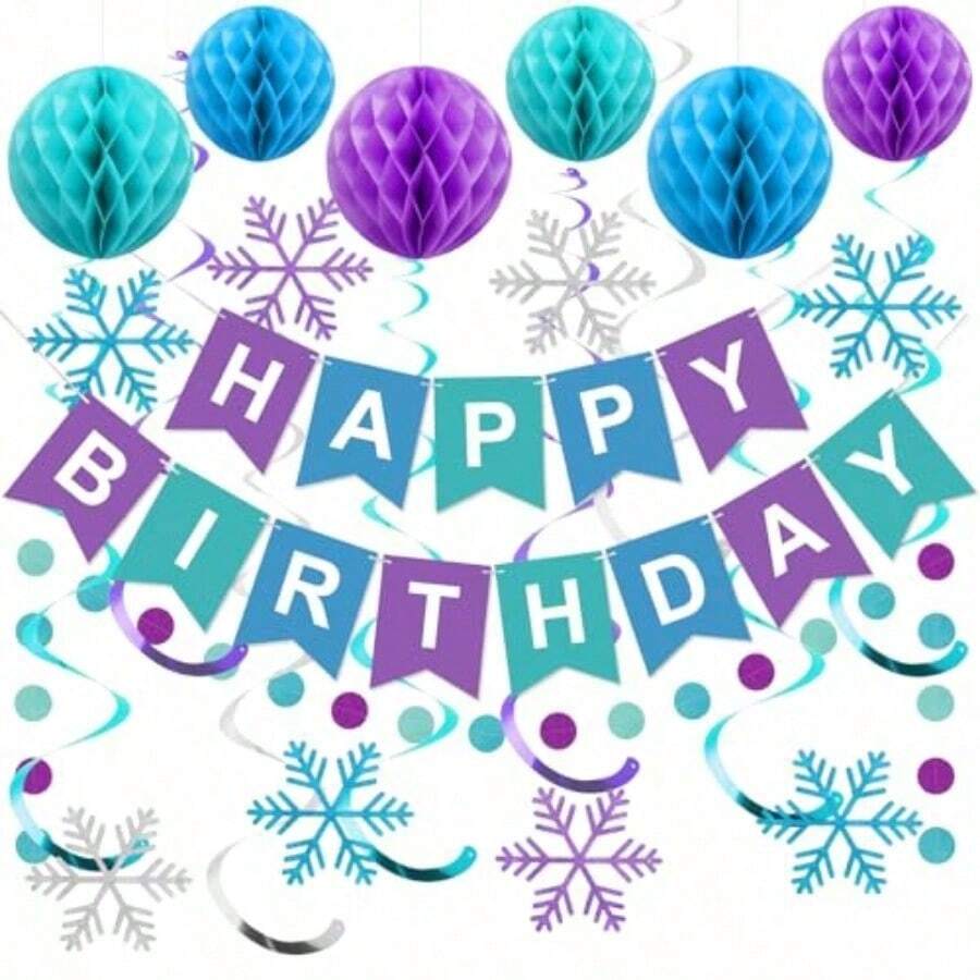 Halloween Party Decor Frozen Birthday Party Decorations Happy Birthday Banner With Honeycomb Balls Snowflake Hanging Swirls Streamers Circle Dots Garland Decorations Party Decorations For Boys Girls - Snowflake - 查看 1
