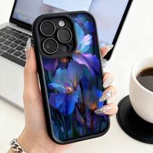Cubierta de teléfono con borde negro y diseño floral azul púrpura para iPhone 14 Pro Max ideal para uso diario y oficina - Negro - Ver 1