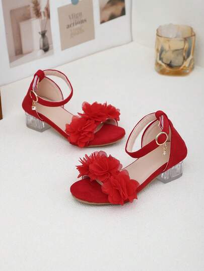 A Pair Of New Children's 2025 Floral Decorated Chunk-Heeled Hook And Loop Sandals - Red Design, Fashionable, Luxurious And Comfortable. It's An Excellent Choice For Shopping In Malls, Family Trips And Party Events, And Can Be Easily Matched With All Kinds Of Outfits