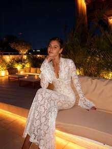 喇叭袖蕾丝鱼尾连衣裙，哥特式性感女装，圣诞礼服，婚礼宾客礼服 - 白色 - 查看 7