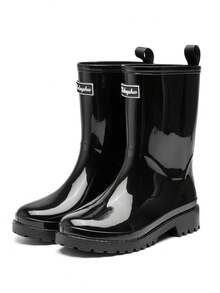 Women's Mid-Calf Rain Boots, Solid Black Mid-Top Waterproof Shoes, Garden Boots, PVC Wellies, Outdoor Commute Rain Shoes - Black - View 13