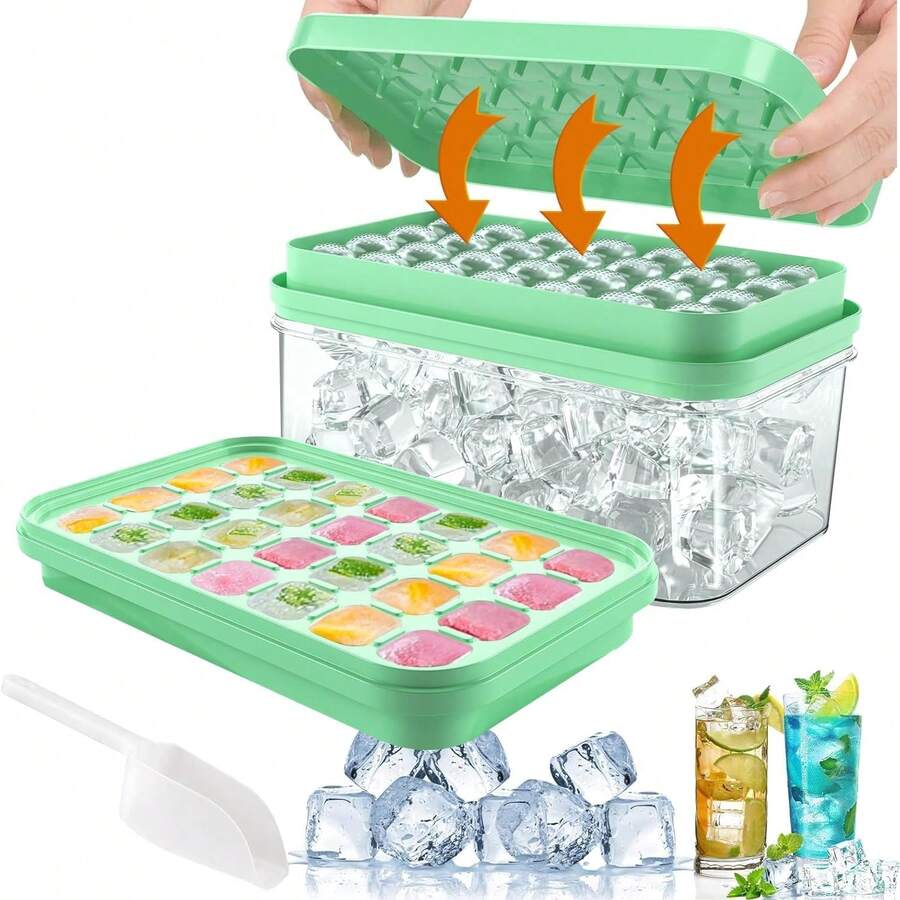 Cubiteras para Hielo de Silicona Con Tapa Y Cubo, Cubitera Silicona de Grado Alimenticio Cuchara para Congelador, Fácil liberación Apilables Bandeja de 28 Moldes de Silicona Hielo Con Tapa Y Cubitera - 1 - Ver 1