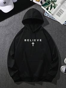 Men's Casual Minimalist Slogan Print Thermal Lined Hoodie Sweatshirt, Autumn/Winter