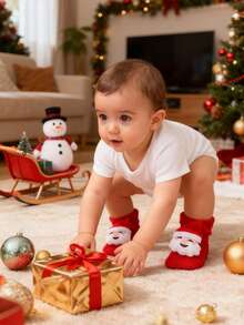 1 双圣诞婴儿袜子，适合新生儿和幼儿，带有圣诞老人玩偶装饰，适合男孩和女孩的节日礼物，适合在派对和秋冬季日常生活中穿着
