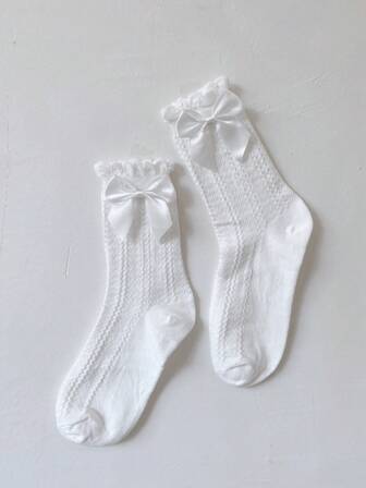 1 par de calcetines con capas lindas para mujer con acento de lazo desmontable, disponible en crema y blanco, adecuado para uso diario, estilo escolar/estudiante, otoño
