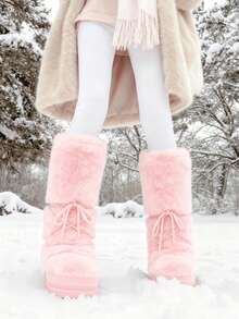 Knee High Boots For Women,Fuzzy Flat Round Toe Rhinestone Lace-Up Slip On Warm Shoes Winter Outdoor Party Chirstmas And Halloween Snow Boots - Hồng - Xem 9