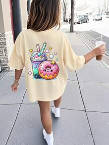 Tween Girl 可爱饮料和甜甜圈印花圆领 T 恤，夏季上衣