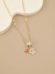 1pc Fashionable Cubic Zirconia Red Heart & Cute Footprint Stainless Steel Necklace For Women, Gold Jewelry, Gold Necklace, Gift, Birthday Gift, Summer Vacation, Party, Suitable For Daily Wear - Cute Red Heart-shaped Footprints - View 2