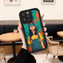 Cubierta de teléfono con borde negro diseño de chica con gafas y delantal amarillo sobre fondo abstracto colorido para uso diario en cafeterías Aplicable a los teléfonos de la serie Apple y Galaxy - Burdeos - Ver 3