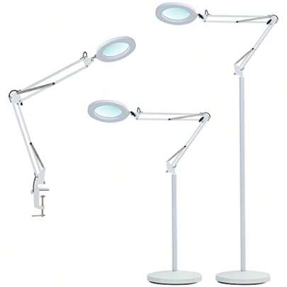 Magnifying Glass Floor Lamp Dimmable LED Magnifying Lamp With Clamp - 12W 3 Lighting Modes 5 Diopter Height Adjustable - Super Bright Floor Lamp With Magnifier For Reading Craft Task