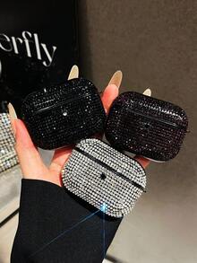 Diamond 1pc Black Rhinestone Bluetooth Earphone Protective Case Compatible With Airpods