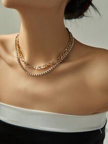 2pcs/Set Fashion Gold-Color Crystal Claw Chain & Twisted Chain Necklace Set For Women, Luxury Jewelry (No Gift Box) - Yellow Gold - View 9
