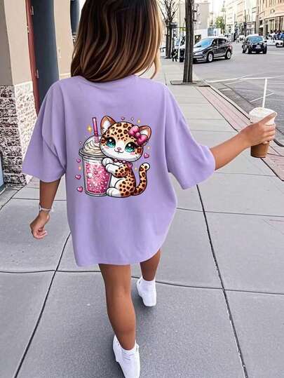 Tween Girls Cute Beverage & Donut Print Round Neck T-Shirt, Summer Top