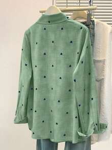 Áo thun tay dài cổ polo in hình trái tim màu trơn đơn giản dành cho nữ cỡ lớn, có túi, mặc hàng ngày mùa xuân hè thu - màu xanh lá - Xem 11