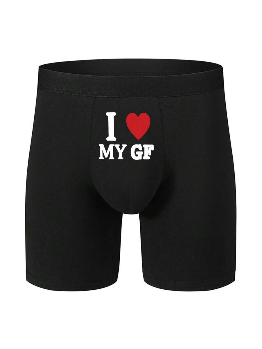 Men's Loose Fit Long Boxer Briefs, Super Comfortable & Lightweight, "I LOVE MY GIRLFRIEND" Letter Print, Suitable As Gifts For Boyfriend, Valentine's Day, Anniversary, Proposal, Wedding - Black - View 1