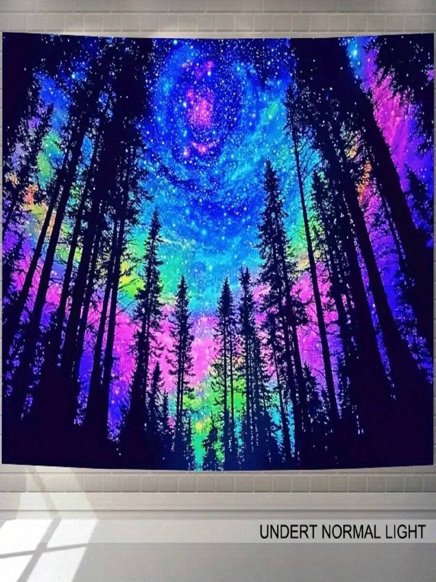 1Piece Fluorescent Starry Sky Forest Tapestry-Polyester Material, Bedroom_Living Room_Dorm Decoration-With Free Installation Kit - Multicolor - View 1