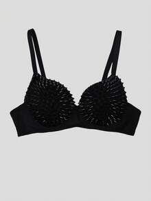 Apperloth A Y2K Punk Black Studded Cropped Bustier Top, Adjustable Shoulder Straps, Metal Eyelet Backless Party Camisole Top, Rave Festival