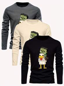 3pcs/Set Boys' Casual Printed Crew Neck Long Sleeve T-Shirts, Autumn Student Youth Clothing