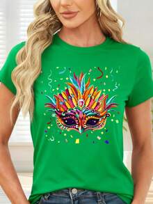 T-Shirt With Colorful Carnival Mask And Confetti Print For Parties And Themed Events - Green - View 6