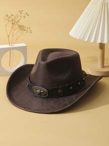 1pc Unisex Cattle Head & Belt Decor Handmade Panama Hat Wide Brim Cowboy Hat PU Cowgirl Hat Western Suitable Soft Felt Hat Fedora Hat - Coffee Brown - View 2
