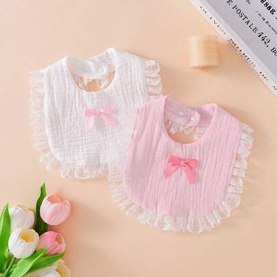2pcs Soft Cotton Bibs, Drool Bibs, Baby Princess Lace Bow Decor, Newborn Essential