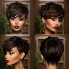 Stylish Short Pixie Cut Wig Human Hair Remy Peruvian Human Hair Wig With Bangs Rose Net Full Machine Made Straight Layered Natural Black Colored Wig Holiday Wear Party Wear Music Festival Mother's Day Carnival Valentine's Day Halloween All Saints' Day Christmas Day Cosplay Spring Summer Autumn Winter Local Warehouse Wear And GO New Product Discounts Wigs For Black Women Casual Elegant Preppy Business Modest Romantic Glamorous Vintage Street Sporty Cute Royal Simple Vacation Daily Holiday - Natural Black - 查看 7