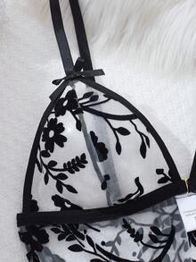 Bộ 2 món/Bộ đồ ngủ hở lưng phối lưới họa tiết hoa gợi cảm dành cho nữ, Bộ đồ lót phù hợp cho các buổi hẹn hò, ngày lễ, tiệc tùng - màu đen - Xem 5