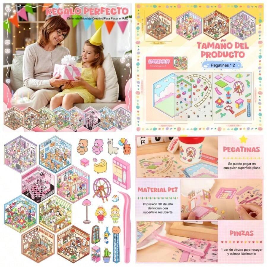 8 Hojas Escena de Pegatinas con Pinzas, 3D Calcomanas de Escena en Miniatura, Pegatinas para Nios, Calcomanias Decorativas, Pegatinas Divertidas, 3D Puffy Pegatinas, Regalos para Adultos y Nios - Varios Colores - Ver 1