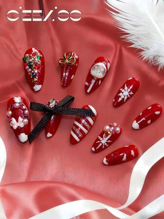 Original Design, Handmade, Press On Short Nail Tips (10pcs) - Christmas Manicure Set, 3D Christmas Tree And Wreath Design, Adorable Bow Design, Pure Hand-Painted Snowflakes And Ribbons, Sparkling Effect, Red Press-On Nail Tips, Novel Solid Color Design, 3D Bow Metal Decorations - Quick Manicure Set. Cute Style, Perfect Match For Christmas Outfits. Transform Your Look With Artistic Nails. Ideal For Small Makeup Travel Bags.
