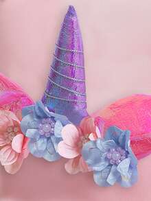 Elegant Floral Colorful Tulle & Satin Girls Birthday Party Dress, Suitable For School Dance, Party, Flower Placement & Color Varies, Headband Not Included - Pink - View 6