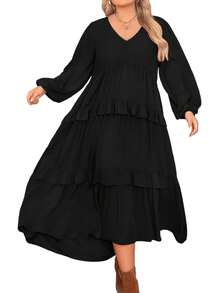 Robe ample noire à encolure en V, manches lanternes, volants à l'ourlet, élégante pour le printemps, taille grande - Noir - Voir 9
