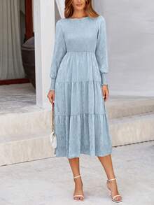 Women's Fall Midi Dress Long Sleeve Floral Smocked Elegant Wedding Guest Long Flowy Dresses - 灰藍 - 查看 1