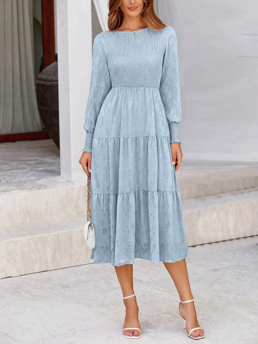 Women's Fall Midi Dress Long Sleeve Floral Smocked Elegant Wedding Guest Long Flowy Dresses - 灰藍 - 查看 1