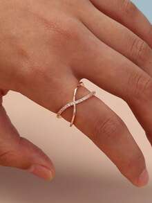Nooxian 1pc Rose Gold Plated Double Layer Criss-Cross Cubic Zirconia Adjustable Copper Ring For Women - Rose Gold - View 13