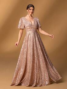Faeriesty Đầm dạ hội lộng lẫy dành cho mẹ cô dâu với sequin, cổ chữ V, tay bồng và dáng chữ A - Hoàn hảo cho tiệc cưới, dạ hội trang trọng, lễ kỷ niệm, bữa tối sang trọng và các sự kiện thảm đỏ. - Rượu sâm banh - Xem 8