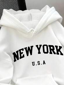 Una sudadera con capucha de manga larga de 260g de poliéster 100%, sudadera con capucha de patrón de Nueva York, EE. UU., para mujeres - Sudadera casual de manga larga con letras icónicas de Nueva York, ajuste para todas las estaciones para atuendo casual y recuerdo de viaje (lavable a máquina) - Blanco - Ver 3