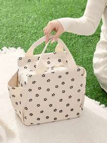 大容量可重复使用保温午餐盒包，灯芯绒材质，带双拉链口袋，适合工作、野餐或旅行，可保持食物冷热新鲜，轻便宽敞，配有双提手，是理想的学生午餐包。