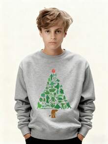 Christmas Tree Constructed Of Classic Space Opera Icons Boys Sweatshirts Kid Round Neck Pullover Featuring Grogu Mandalorian Millennium Falcon X Wing Fighter - Xám - Xem 4