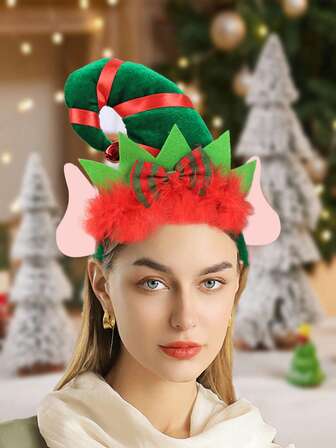 1 st. Julhatt Pannband Med Fjäderdekoration , Röd Tecknad Film Jul Älva Öra Hårband Med Bell För Vuxen Party Dekorationer Och Hår Accessoar