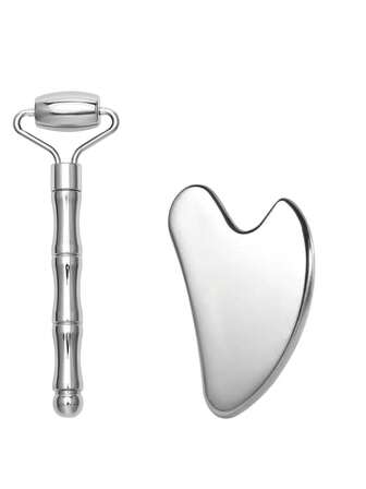 1/2 Piezas/Set Rodillo facial y Gua Sha de acero inoxidable - Rodillo facial de metal, Gua Sha de metal, Herramientas de masaje facial para reducir la hinchazón, el drenaje linfático, la tensión facial, masajeador facial para el cuidado de la piel