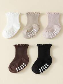 5 Pairs Girls Solid Color Frill Trim Non-Slip Mid-Calf Socks, Spring/Autumn - Multicolor - View 2