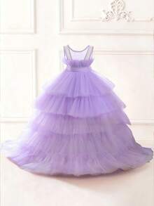 Girls' Elegant Bowknot Tulle Trailing Puff Dress, Suitable For Birthday Party, Banquet, Does Not Include Headband - 紫色 - 查看 4