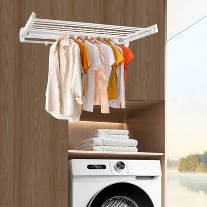 WOBENFOG Tendedero de ropa montado en la pared, perchero retráctil para secar la ropa, con barra para toallas y ganchos