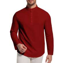 Men's Long Sleeve Henley Collar Shirt, Button Front, Lightweight Polyester Fabric, Striped & Plaid Design, Casual & Comfortable, Soft Fabric, Daily Wear, Fashionable & Breathable For Summer Beach Vacation, Rolled-Up Sleeves, Fashionable Menswear, Outdoor Casual Apparel, Classic Fit, Versatile & Lightweight Shirt, Men's Everyday Top - Red - View 5