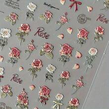 2pcs Vintage-Inspired Matte Rose Nail Art Stickers - Realistic 3D Self-Adhesive Floral Decals With "ROSE" Embossing, Perfect For DIY Manicure, No Scent, Single-Use, Ideal For Glass Surfaces, Manicure Accessories|Elegant Nail Decor|3D Nail Art, Nail Stickers - 彩色 - 查看 1