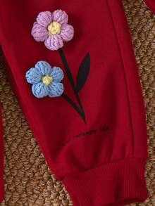 2 件套女童休闲可爱荷叶边花卉图案长袖上衣和裤子套装，春秋 - 酒紅色 - 查看 7