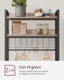 Scaffale Cucina con Multipresa, Scaffale per Microonde, Mobile Cucina, 14 Ganci, 40 x 60 x 170 cm, Greige e Nero - Grigio - Visualizzare 4