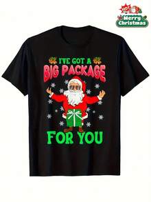 Camiseta gráfica de Navidad de Santa "Tengo un gran paquete para ti" para hombres y mujeres - Camiseta de manga corta negra de 180gsm, suave y elástica, cuello redondo, tallas S-XXL, regalo divertido de vacaciones para mamá, familia y amigos, camiseta de Navidad, atuendo casual, letras en negrita, ajuste cómodo, top casual, regalo para amigos - Negro - Ver 7