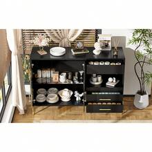 Light, Luxurious And Modern Sideboard With Elegant Teak-Colored Glass Door, Crystal-Acrylic Handles For Dining Room And Living Room, Gold Galvanized Iron Legs, Black Body. - 1 - View 8