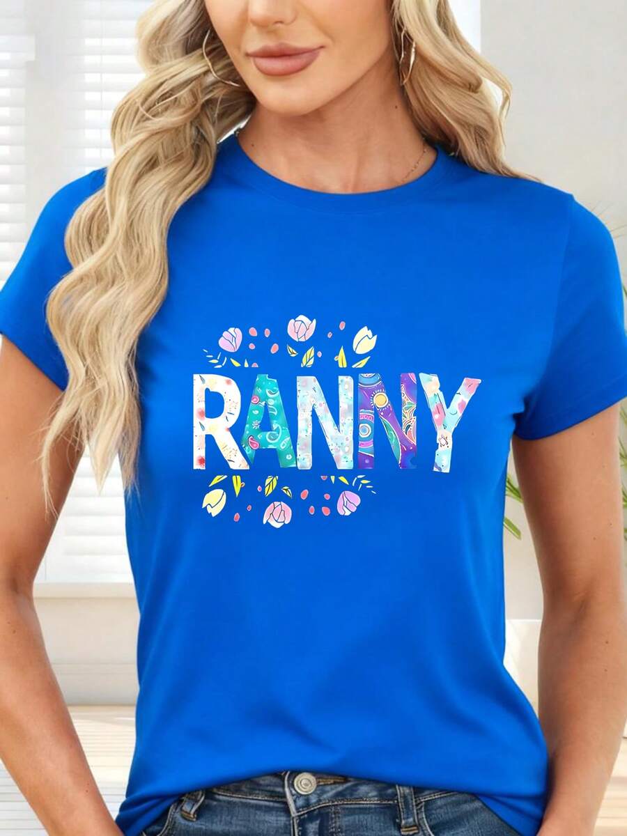 Camiseta de con Estampado Floral y Letras RANNY para Ocasiones Casuales y Festivas - Azul - Ver 1
